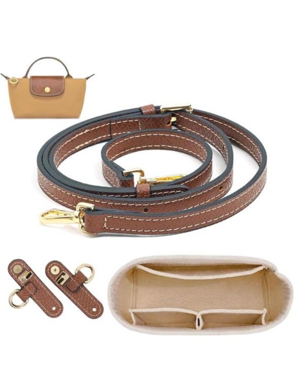 2 Kit Mini Bag Leather Shoulder Strap and Felt Purse Organizer Insert